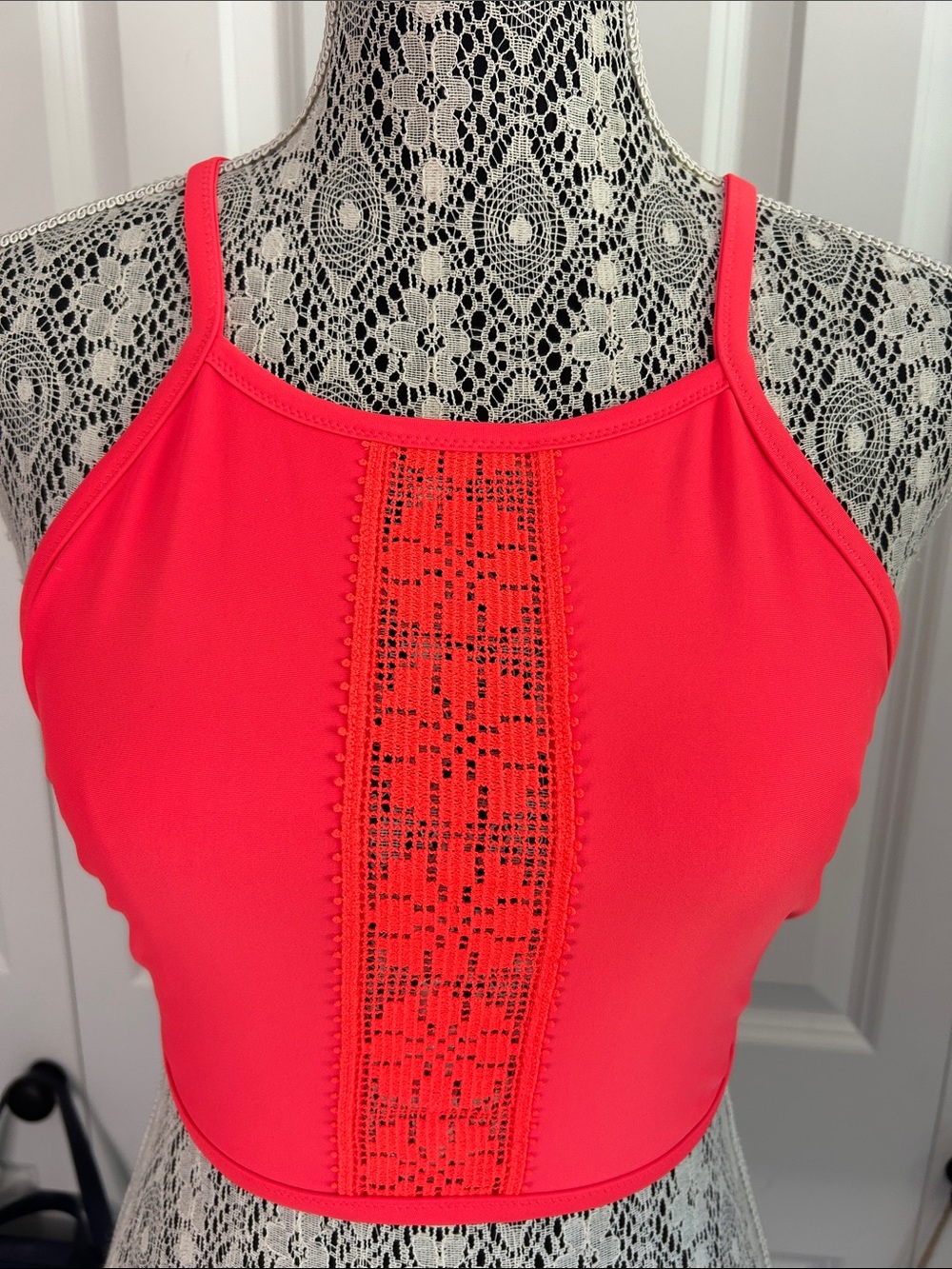 🏖️ Aerie Neon Coral High-Neck Bikini Top - Boho Crochet Detail!